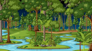 Gece illüstrasyonunda orman sahnesinde nehir akıyor.