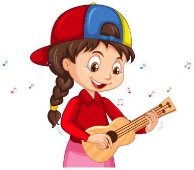 Ukulele illüstrasyonu oynayan bir kız çizgi film karakteri.