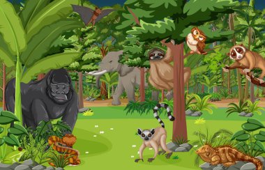 Vahşi hayvan çizgi film karakteri orman sahnesi illüstrasyonu