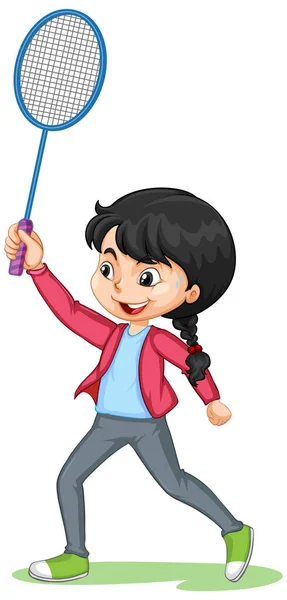 Menina Bonito Jogando Badminton Personagem Desenho Animado Ilustração Isolada — Vetor de Stock