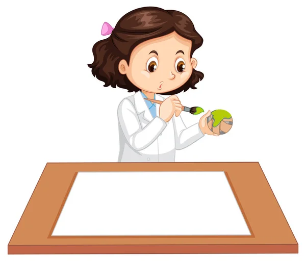 Linda Chica Vistiendo Uniforme Científico Con Papel Blanco Ilustración Mesa — Vector de stock