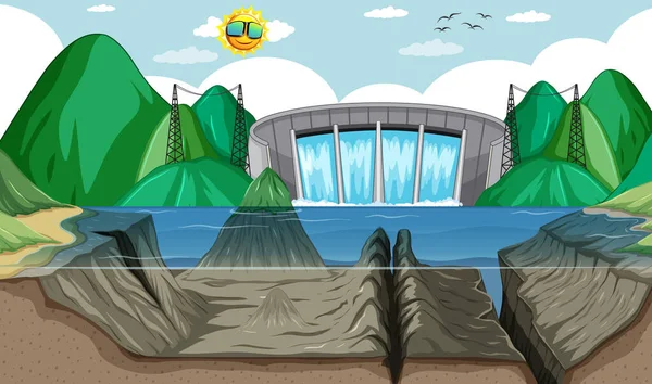 Escena Con Ilustración Fondo Represa Agua — Archivo Imágenes Vectoriales