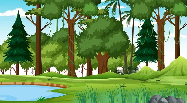 Bosque Escena Naturaleza Con Estanque Muchos Árboles Día Ilustración — Archivo Imágenes Vectoriales