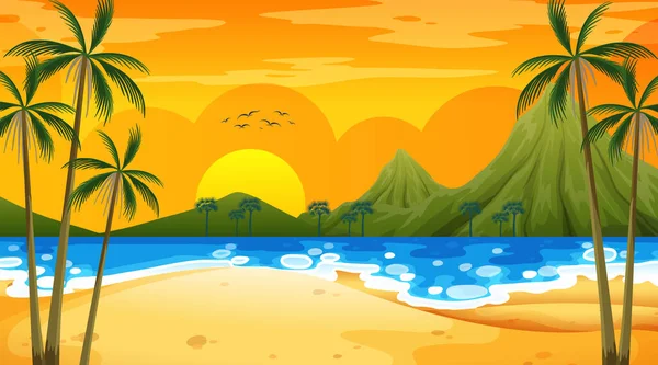 Tropical Beach Scene Mountain Background Sunset Time Illustration — Stock Vector