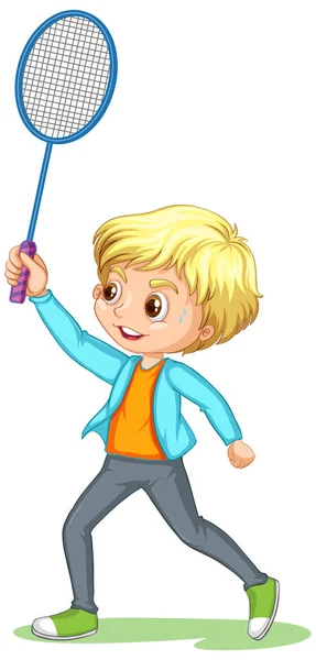 Pojke Tecknad Karaktär Spelar Badminton Illustration — Stock vektor