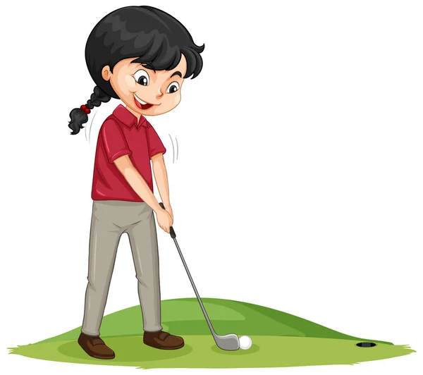Giovane Giocatore Golf Personaggio Dei Cartoni Animati Giocare Golf Illustrazione — Vettoriale Stock