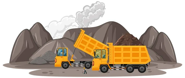 Escena Minera Carbón Con Ilustración Camiones Construcción — Vector de stock