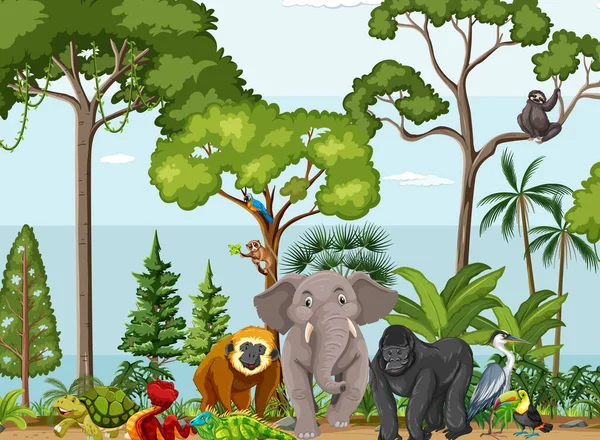 Cena Floresta Tropical Com Animais Selvagens Ilustração —  Vetores de Stock
