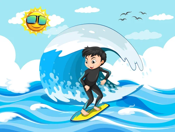 Grote Golf Oceaan Scene Met Jongen Staan Een Surfplank Illustratie — Stockvector