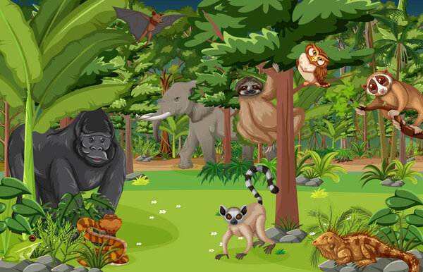 Персонаж мультфильма о диких животных в иллюстрации лесной сцены