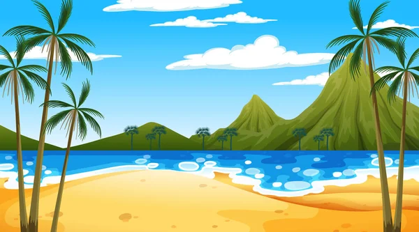 Tropikalna Plaża Scena Górskim Tłem Dzień Ilustracja — Wektor stockowy