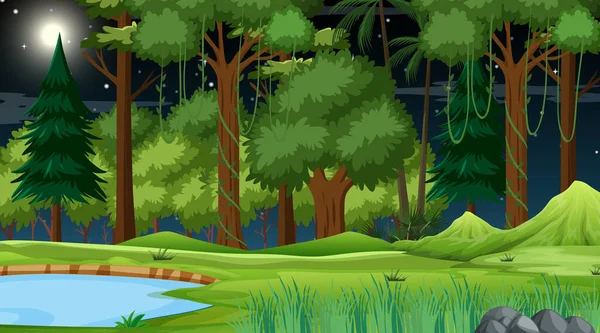 Waldlandschaft Mit Teich Und Vielen Bäumen Der Nacht Illustration — Stockvektor