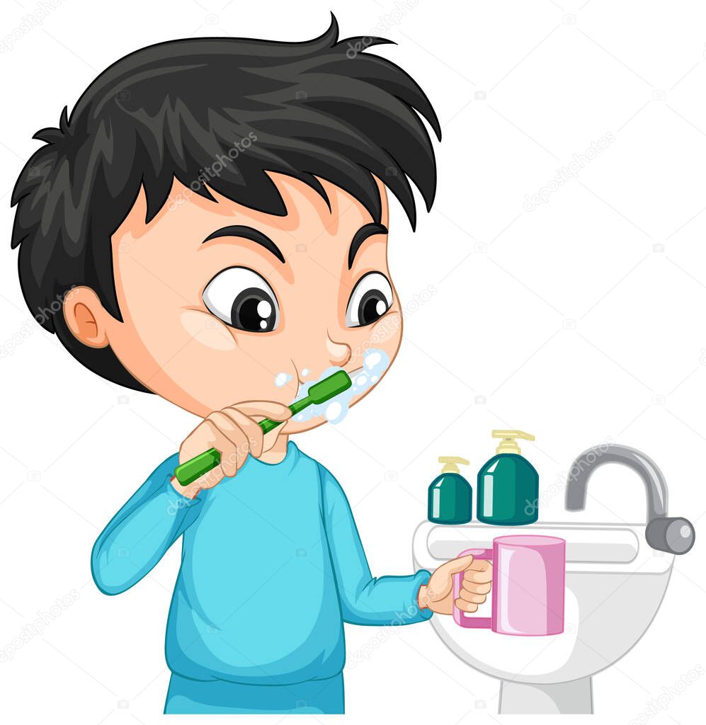 Cartoon character of aboy brushing teeth with water sink illustration