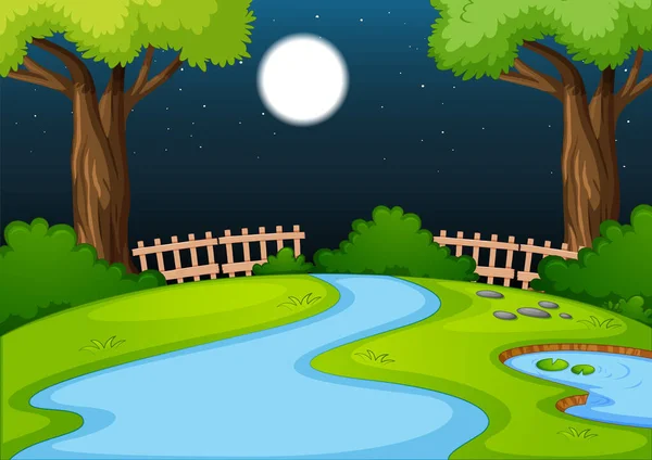 Leere Parkszene Mit Vielen Bäumen Und Fluss Der Nacht Illustration — Stockvektor