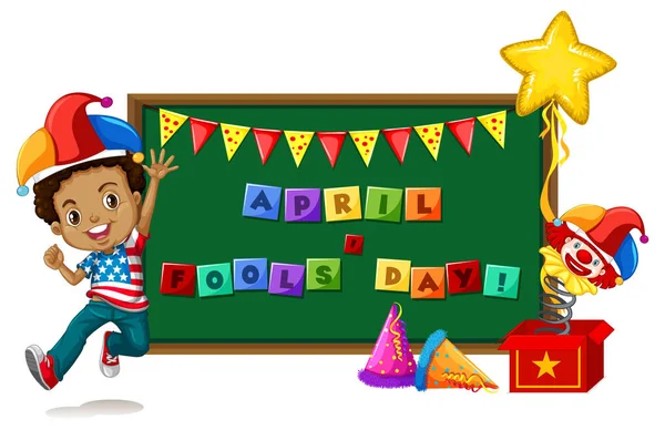 April Fool Day Logo Del Carattere Sulla Lavagna Con Ragazzo — Vettoriale Stock