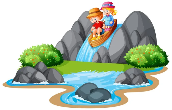 Los Niños Reman Barco Ilustración Escena Cascada Del Arroyo — Vector de stock