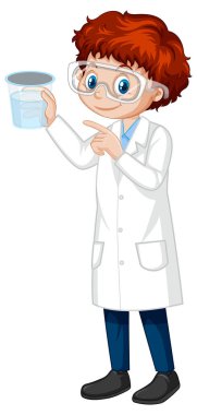 Laboratuvar önlüğü giyen bir çocuk çizgi film karakteri.