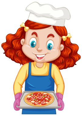 Aşçı kız çizgi film karakteri elinde pizza tepsisi çizimi tutuyor.