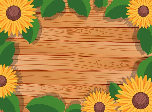 带有叶子和向日葵元素插图的空白木制桌子的顶部视图 — 图库矢量图片