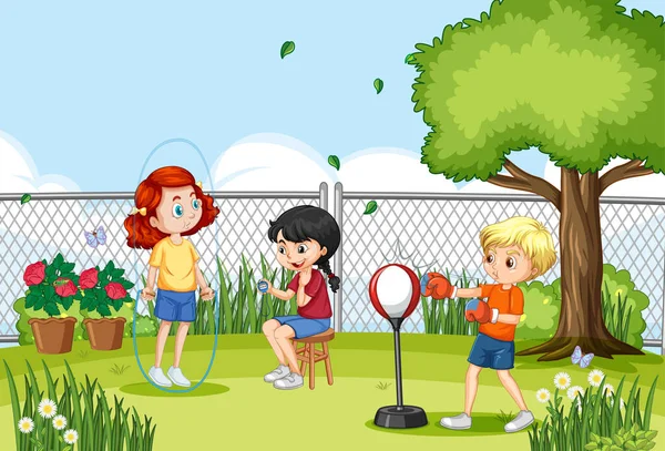 Outdoor Szene Mit Vielen Kindern Bei Verschiedenen Aktivitäten Illustration — Stockvektor