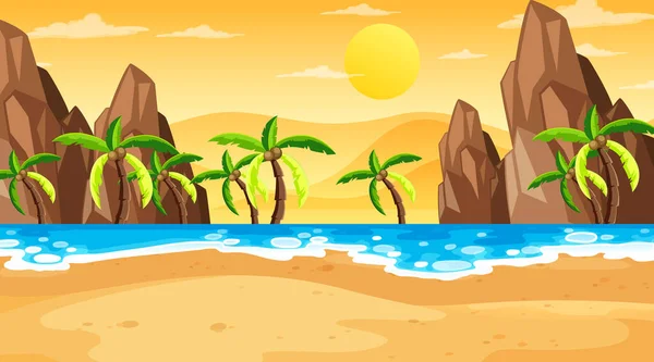 Tropical Beach Landscape Scene Sunset Time Illustration — Stock Vector