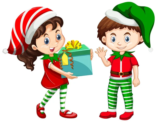 Roztomilý Chlapec Dívka Sobě Vánoční Kostýmy Kreslený Charakter Ilustrace — Stockový vektor