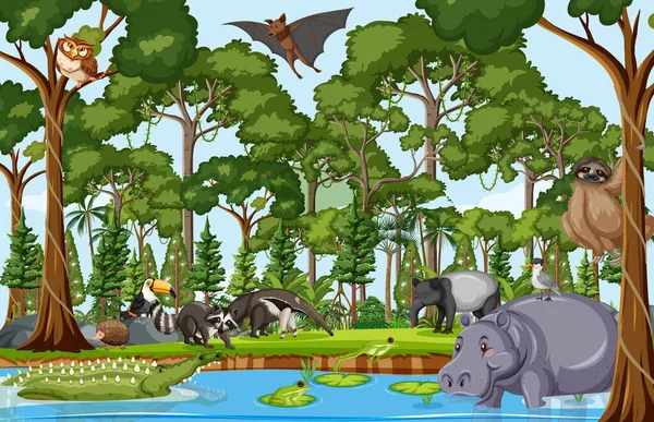 Personaje Dibujos Animados Animales Salvajes Escena Del Bosque Ilustración — Vector de stock