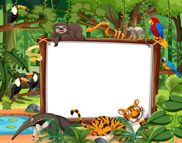 Blank Banner Rainforest Scene Wild Animals Illustration — Stock Vector