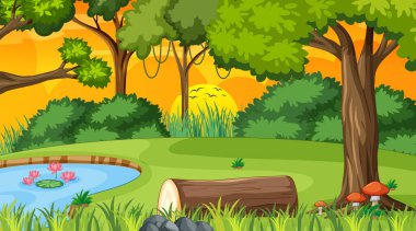 Gün batımında gölcüklü orman doğası sahnesi ve bir sürü ağaç.