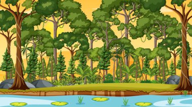 Gün batımında orman sahnesi boyunca nehir.