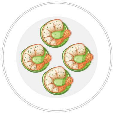 Tabak çiziminde karides yemek menüsünün üst görüntüsü