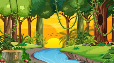 Orman manzarası günbatımında birçok farklı ağaç resmedilmiş.