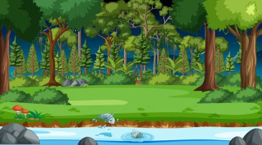 Gece illüstrasyonunda orman sahnesinde nehir akıyor.