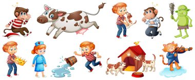 Beyaz arkaplan illüstrasyonunda izole edilmiş farklı çocuk tekerlemesi karakterleri