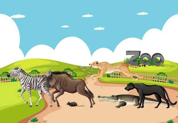 Grupo Animales Salvajes Africanos Escena Del Zoológico Ilustración — Archivo Imágenes Vectoriales