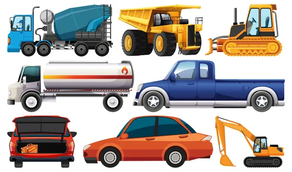 Conjunto Diferentes Tipos Coches Camiones Aislados Sobre Fondo Blanco Ilustración — Vector de stock