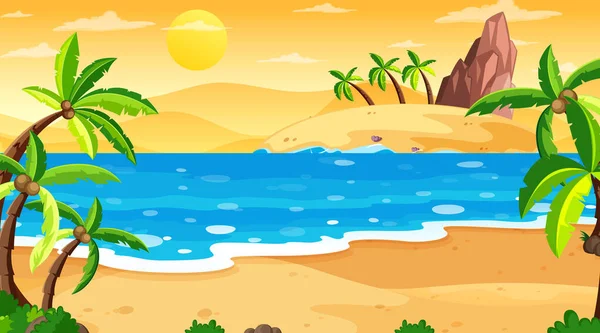 Escena Paisaje Playa Tropical Atardecer Ilustración — Archivo Imágenes Vectoriales