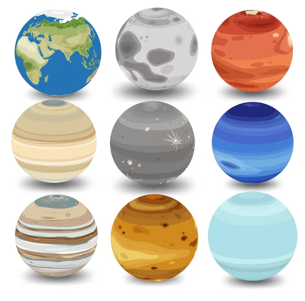 Set Planete Diferite Ilustrații Fundal Alb — Vector de stoc