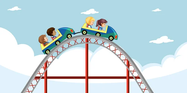 Dzieci Jeździć Roller Coaster Nieba Tle Ilustracji — Wektor stockowy