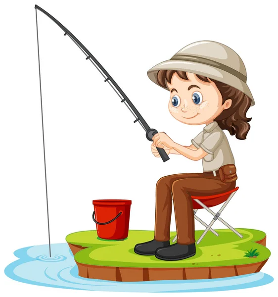 Una Chica Personaje Dibujos Animados Sentado Pesca Sobre Fondo Blanco — Vector de stock