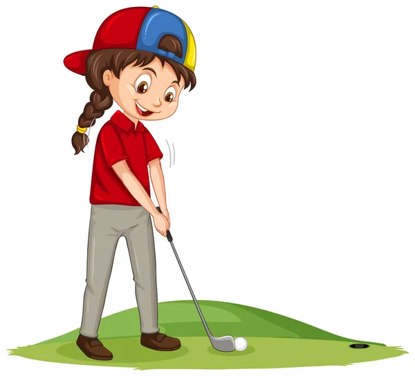 Joven Jugador Golf Personaje Dibujos Animados Jugando Golf Ilustración — Vector de stock