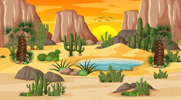 Krajobraz Lasu Pustynnego Scenie Zachodu Słońca Oazą Ilustracji — Wektor stockowy