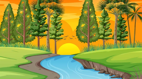 Rivier Door Het Bos Scene Bij Zonsondergang Tijd Illustratie — Stockvector