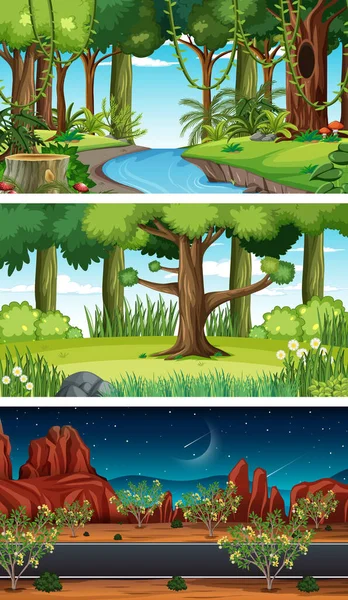 Three Different Nature Horizontal Scenes Illustration — Stock Vector