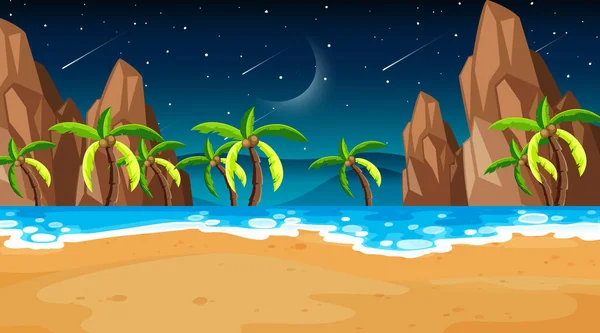 Tropical Beach Scene Many Palm Trees Night Illustration — Stock Vector