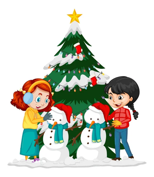 Dos Niñas Creando Muñeco Nieve Ilustración Del Día Navidad — Vector de stock