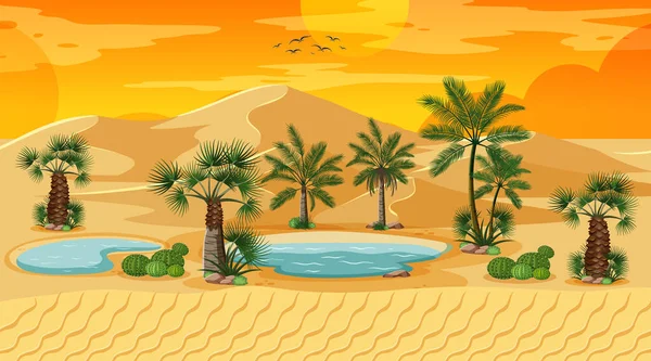 Sivatagi Erdő Táj Naplemente Jelenet Oázis Illusztráció — Stock Vector