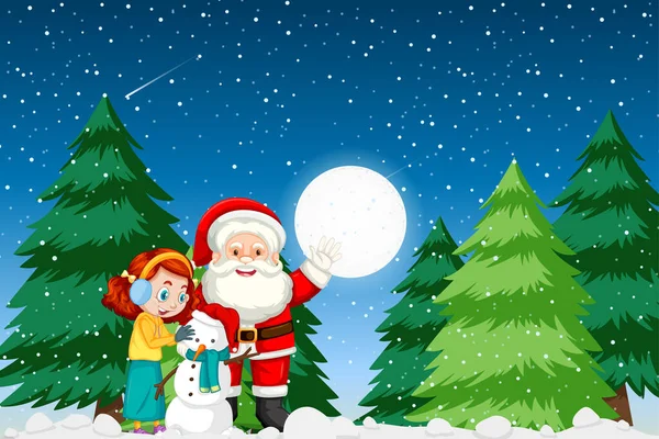 Санта Клаус Милая Девушка Создают Снеговика Ночной Сцене Иллюстрации — стоковый вектор