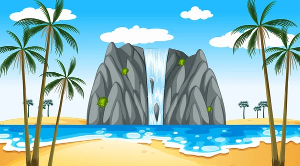 Tropical beach landscape at daytime scene with waterfall illustration