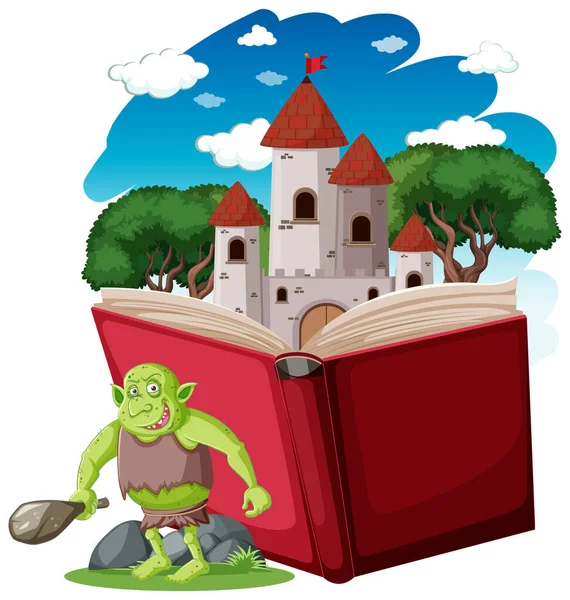 Goblin Trol Stripfiguur Met Een Verhaal Boek Illustratie — Stockvector